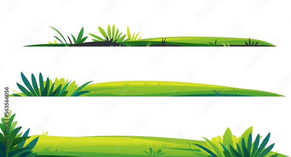 Green lawns with grass and plants on white background, composition of plants on the sunny lawn