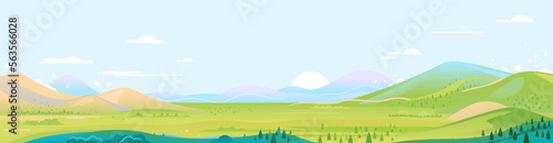 Big panorama of green mountains in sunny day with spruce forest and blue sky in simple geometric form, nature tourism landscape background, travel mountains adventure illustration