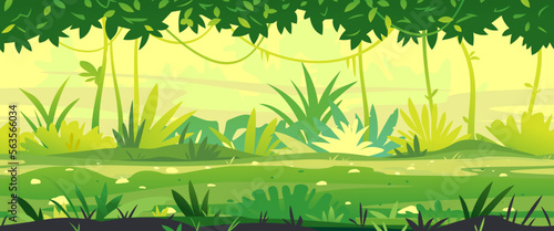 Path through the jungle with green plants nature landscape tillable horizontally, wild jungle forest with bushes and lianas, nature with green jungle foliage and lianas in summer sunny day
