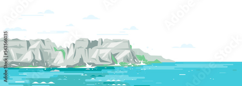 Rocky cliffs ocean landscape background in flat style  sea panorama of beach coast in simple geometric form  sea waves crashing of gray rocky coast