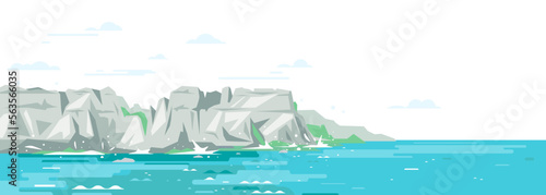 Rocky cliffs ocean landscape background in flat style, sea panorama of beach coast in simple geometric form, sea waves crashing of gray rocky coast