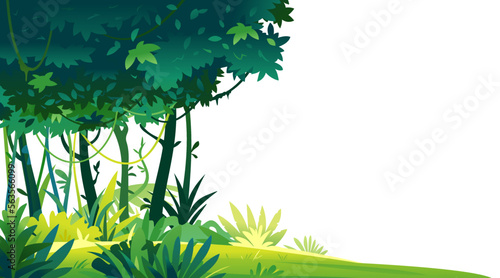 Wild jungle forest with trees, bushes and lianas on white background, decorative template composition of jungle plants, dense vegetation of the jungle, topical forest plants