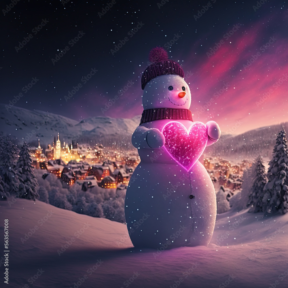 Fototapeta premium Snowman holding a heart. Valentines day snowman. Winter valentines day background. I love you card