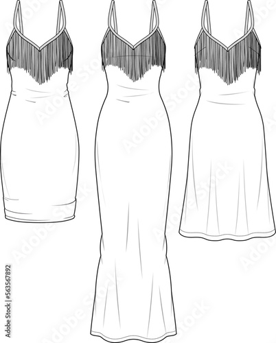 Sleeveless Tassel Strappy Dress Set Fashion Illustration, Vector, CAD, Technical Drawing, Flat Drawing, Template, Mockup	