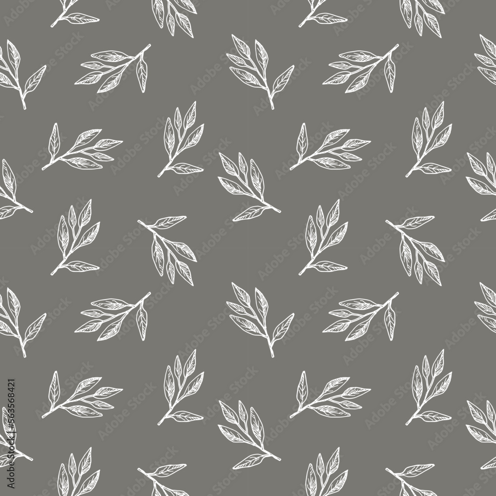Fototapeta premium Cute seamless repeat pattern with sage leaves on gray background, botanical motif. Hand drawn sage in pattern for textile, wrapping paper and packaging design. 