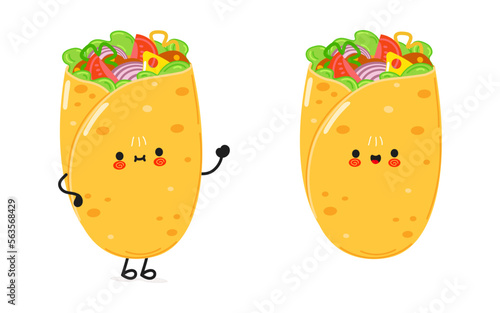 Cute funny burrito waving hand character. Vector hand drawn cartoon kawaii character illustration icon. Isolated on white background. Burrito character concept