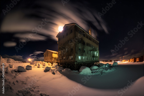 Arctic residential buildings with a winter moon night, stars and vortex clouds.