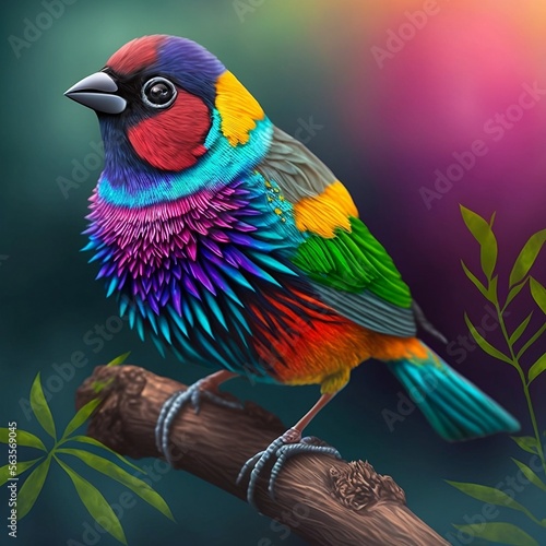 The Rainbow Finch This bird is a small, brightly colored finch with a multicolored plumage of red, orange, yellow, green, blue and purple. Generative AI