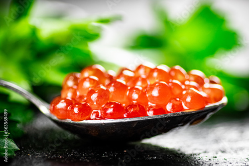 A full spoonful of red caviar on the table with parsley. 
