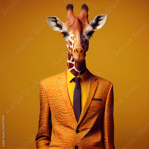 A portrait of an elegant girafe in yellow tuxedo