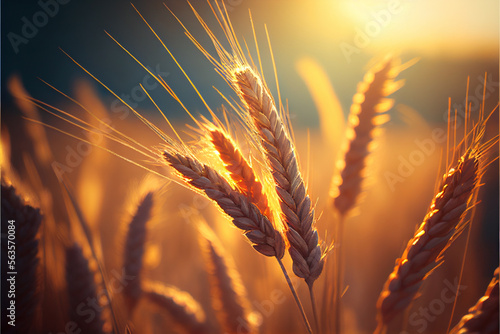 Ears of wheat ripen in a field at sunset. AI generated.