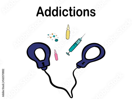 Dependance addiction of drugs injection pills and handcuffs