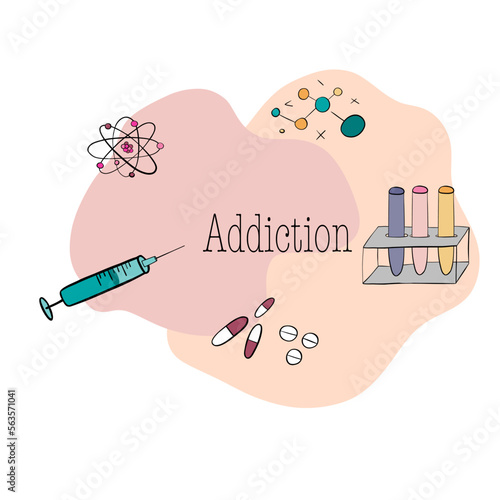 Drug addiction illustration with pills injection and glass