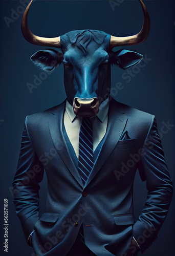 An elegant bull from Wall Street in blue tuxedo