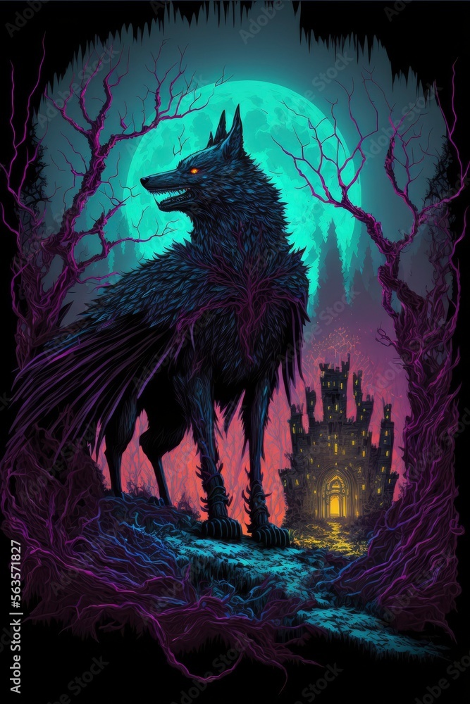 Fototapeta premium wolf in the dark fantasy forest, Generative AI