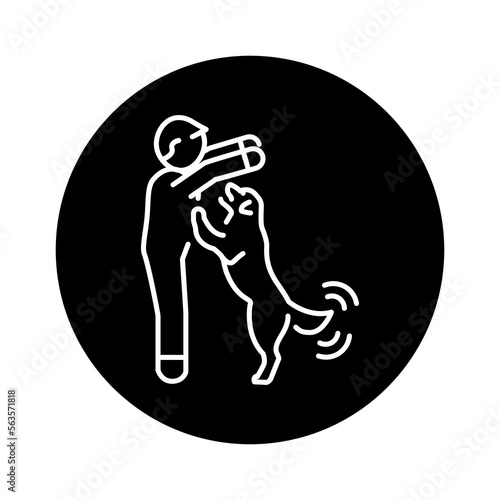 Joyful pet jumps on the owner color line icon. Dog training.