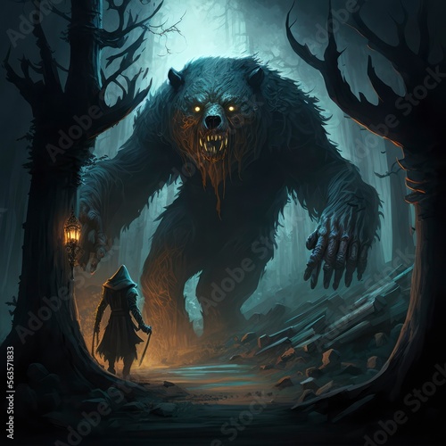 scary halloween bear in the dark fantasy forest, Generative AI