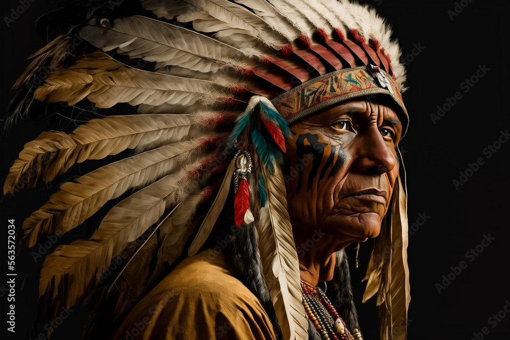 Foto Stock Old native american indian - indian headdress tribal chief  feather hat with feathers, illustration, generative ai | Adobe Stock