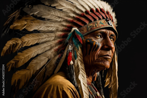Fotografie, Tablou Old native american indian - indian headdress tribal chief feather hat with feat