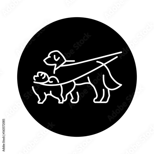 Walk with pets golden retriever and spitz color line icon. Dog training.