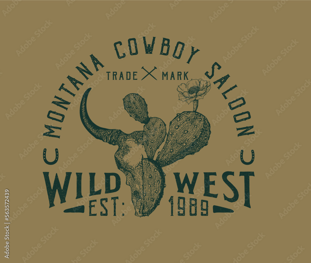 western cowboy desert design, western cowboy vintage design, cactus desert vector artwork  - obrazy, fototapety, plakaty 