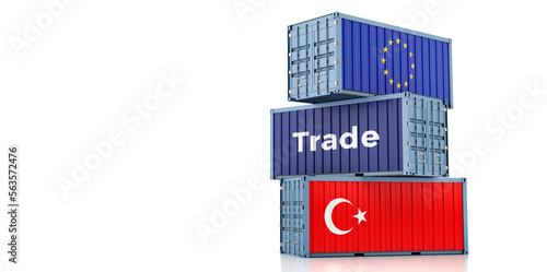 Freight container with European Union and Turkey flag. 3D Rendering © Marius Faust