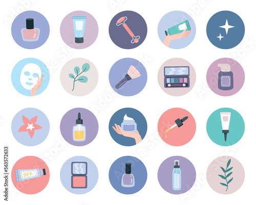 Instagram highlights, trendy cute cosmetics beauty and facecare concept icons. Set of website icons. Skin care products and decorative cosmetics icons in flat style.