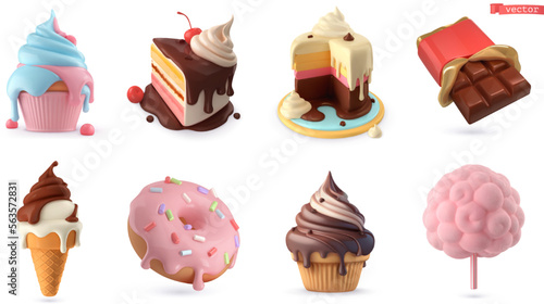 Sweet food 3d vector icon set. Cupcake, cake, chocolate bar, ice cream, donut, cotton candy
