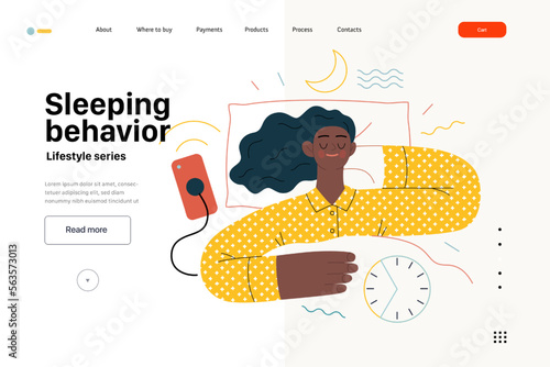 Lifestyle web template -Sleeping behaviour -modern flat vector illustration of woman sleeping in her bed showing the benefits of good sleeping habit, eight hours normal sleep People activities concept
