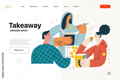 Lifestyle web template - Takeaway - modern flat vector illustration of a group of friends eating takeaway food from boxes sitting at home. People activities concept