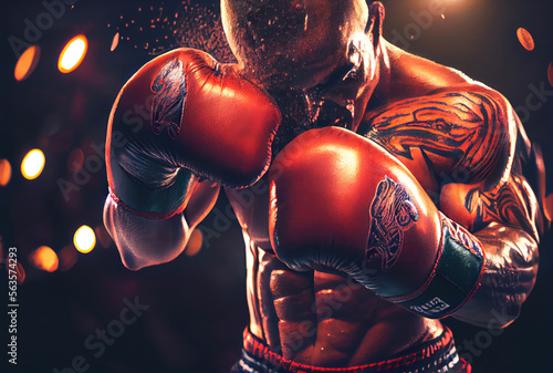 Closeup of boxer in boxing gloves to punching and fighting to his opponent with sweat splashing. Sport tournament and match game concept. Generative AI