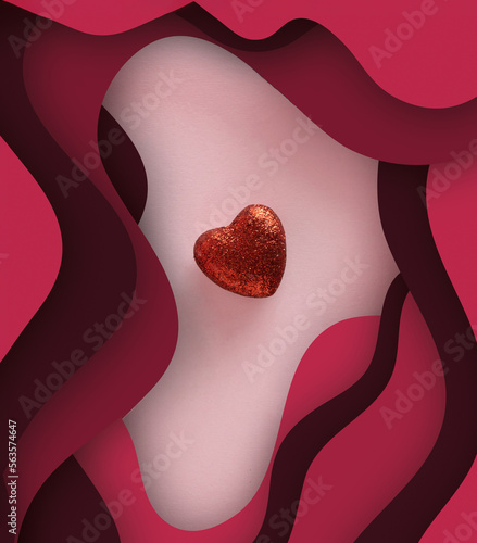 Red glitter heart inside colorful waves.Minimal love concept. Valentine's Day love concept on pink background