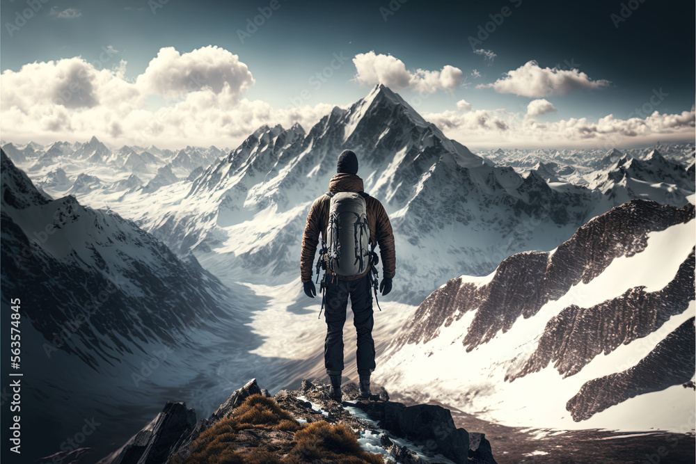 Bergsteiger schaut auf sein Ziel, Bergsteiger will ans Ziel, Schweizer Berge, Berglandschaft, Gipfel erklimmen - obrazy, fototapety, plakaty 