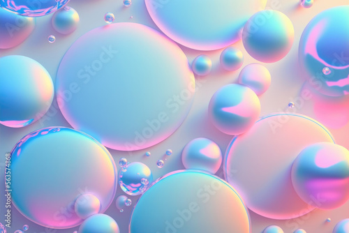 Closeup of water drops on holographic surface. Colorful abstract macro background of round geometry with air bubbles inside. Holographic sparkly cover with soft pastel colors. Generative ai