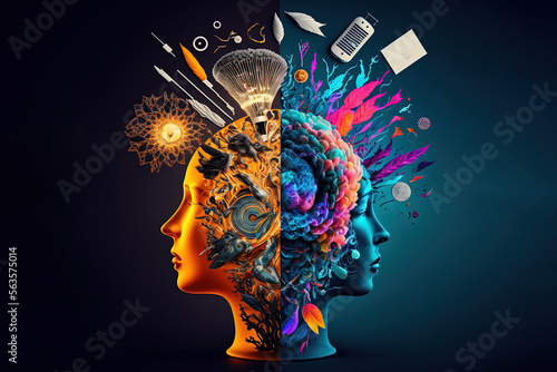 Konzept der Linken Gehirnhälfte gegen rechte Gehirnhälfte, logisches Hirn vs. kreatives Hirn, Logik gegen Kreativität, menschliche Silhouette