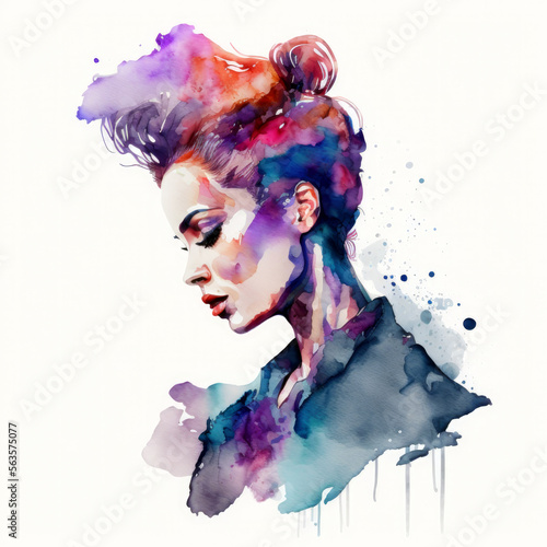 Beautiful young woman portrait. Abstract fashion watercolor illustration. Fashion model. Sketch. Fashion woman. Generative AI	