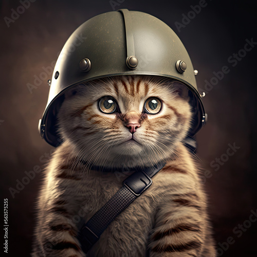 Sad cat wearing soldier helmet, generative ai