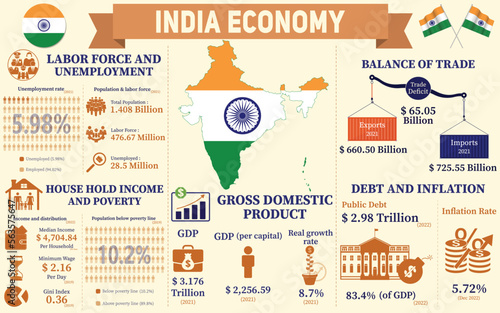 India Economy Infographic, Economic Statistics Data Of India charts Presentation.