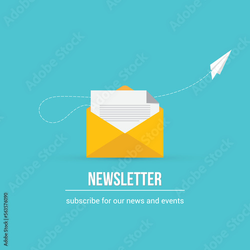 Newsletter. vector illustration of email marketing. subscription to newsletter, news, offers, promotions. a letter and envelope. subscribe, submit. send by mail.	