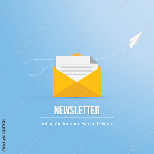 Newsletter. vector illustration of email marketing. subscription to newsletter, news, offers, promotions. a letter and envelope. subscribe, submit. send by mail.	