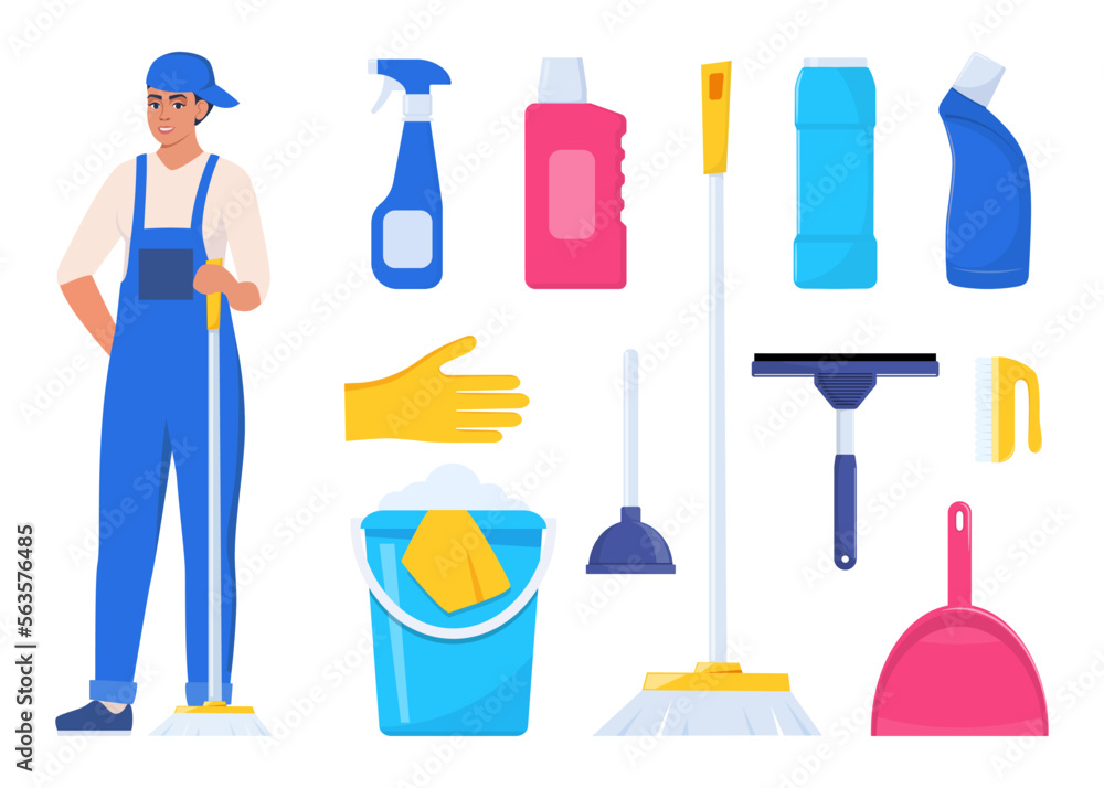 Woman dressed in uniform with mop. Worker of cleaning service. Cleaning tools and detergent. Bucket, scoop, brush, washing powder, bottle of spray, sponge, glass scraper, rubber gloves. Vector. Woman dressed in uniform with mop. Worker of cleaning service. Cleaning tools and detergent. Bucket, scoop, brush, washing powder, bottle of spray, sponge, glass scraper, rubber gloves. Vector.
