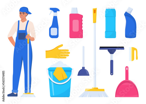 Woman dressed in uniform with mop. Worker of cleaning service. Cleaning tools and detergent. Bucket, scoop, brush, washing powder, bottle of spray, sponge, glass scraper, rubber gloves. Vector.