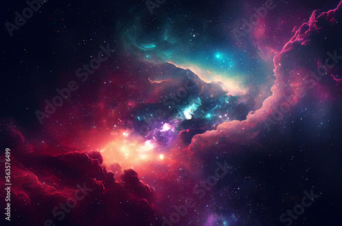 Glowing huge nebula with young stars. Space background, 3d illustration. Generating Ai.