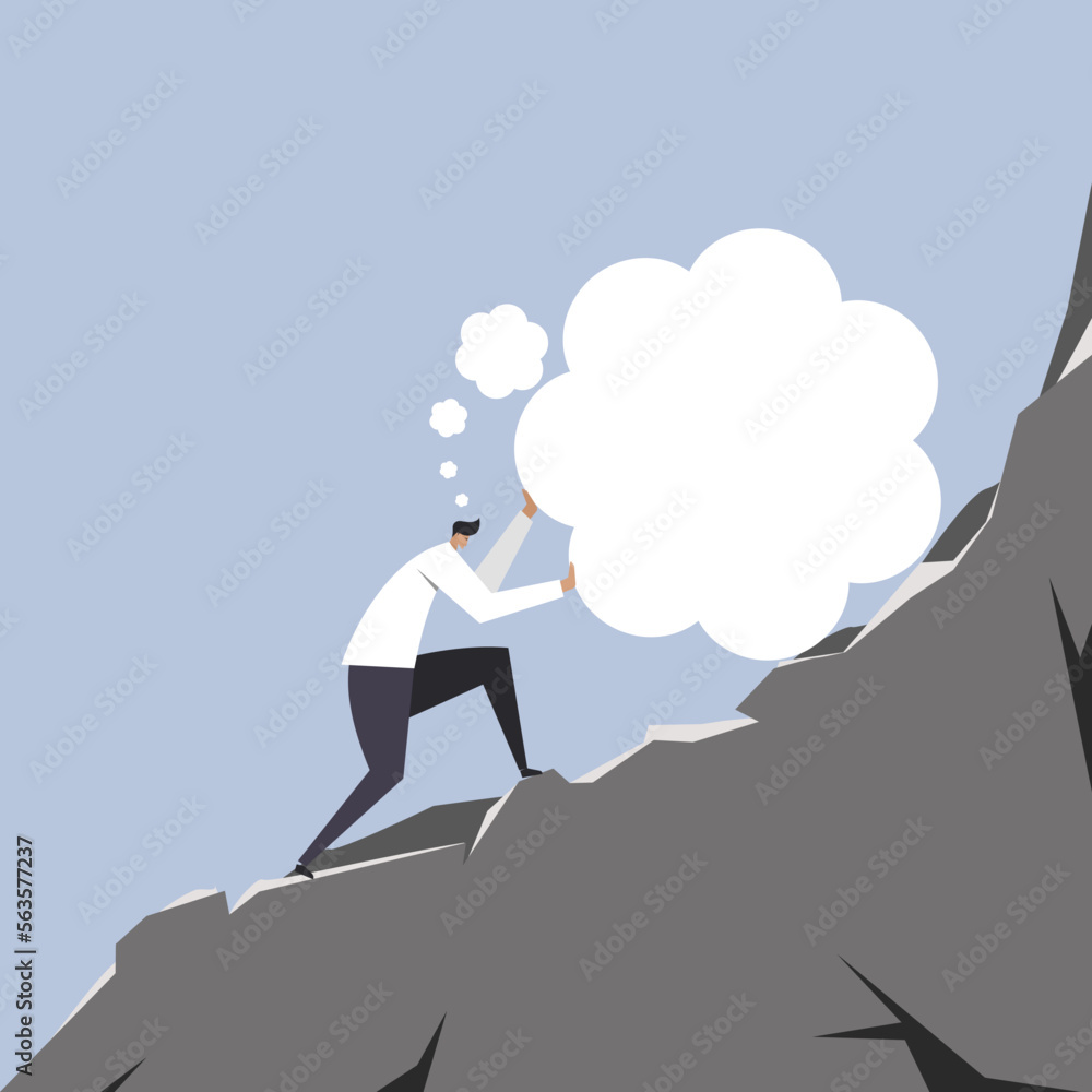Conceptual illustration of a person pushing his thoughts uphill. Conceptual illustration of a person pushing his thoughts uphill.
