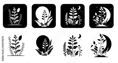 Big icon set of flat herbs. Magic  plant  leafs  AI generated image