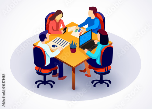 Teamwork website banner template. Business team working with data. Group of office colleagues discussing data around table. Isometric