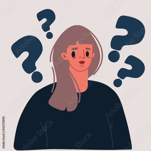 Vector illustration of Young woman doubts and questioning everything. Young girl surrounded by a question mark.