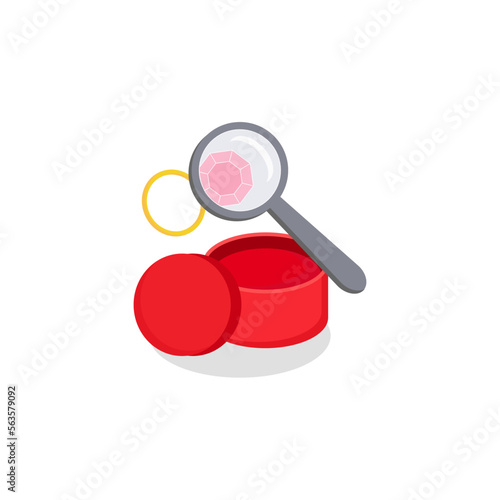 Ring and magnifying glass. Evaluation of jewelry.  Vector illustration