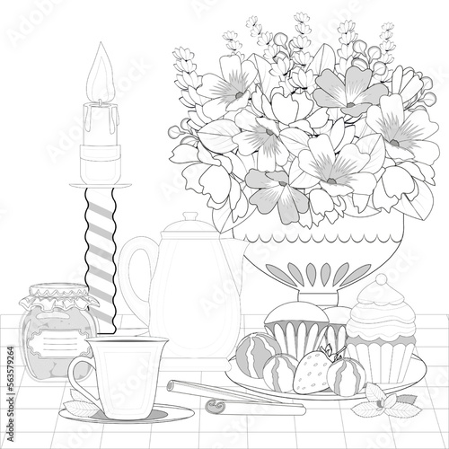 Flowers bouquet in a vase,  tea cup, cupcakes and delicious, tea pot, candle for coloring book page. Vector illusrtation