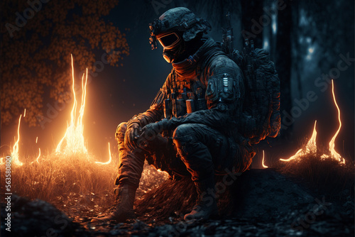 Soldier with an assault rifle and tactical gear, sitting near a campfire in a forest, very dark night,  Generative AI © Tahsin